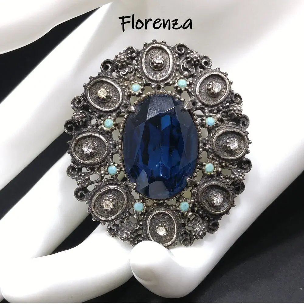 Florenza Blue Faceted Glass Brooch & Pendant, Antique Silver Tone, Gold Plated